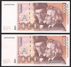 F. R. Germany 2 X 1.000 Deutsche Mark 1991 Pair Consecutive Unc  P.44a