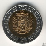 Inedita Moneda de 20 Bolívares Bimetálica de 1989